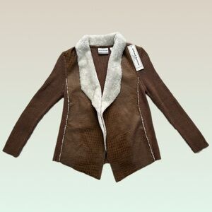 NWT Alfred Dunner Brown Cardigan with Cream Faux Fur Trim
